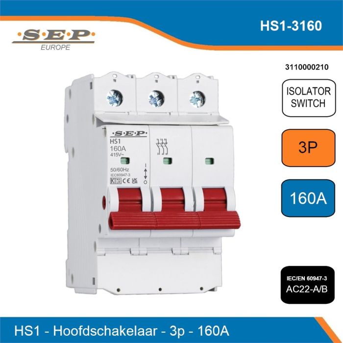 SEP Europe Titan (Pro) HS1 hoofdschakelaar 3-polig 160A, 3 modules (54 mm), AC21A/B, AC22A/B, DC22 en DC23