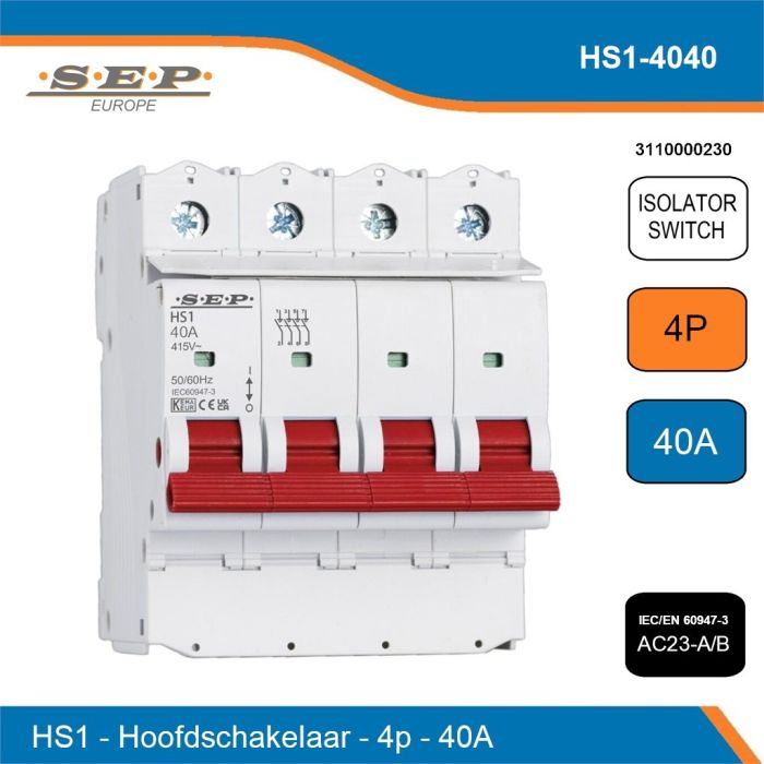 SEP Europe Titan (Pro) HS1 hoofdschakelaar 4-polig 40A, 4 modules (72 mm), AC21A/B, AC22A/B, AC23A/B, DC22 en DC23