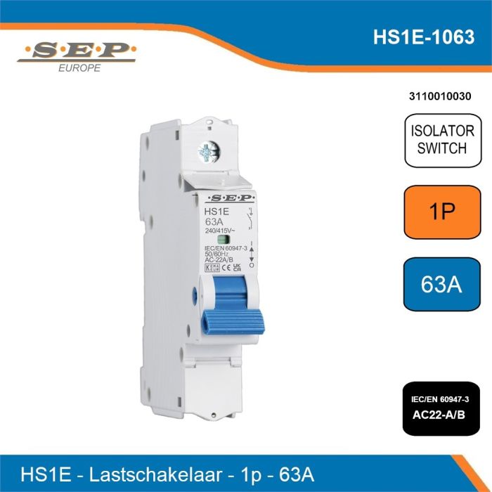 SEP Europe SmartChoise HS1E hoofdschakelaar / lastschakelaar 1-polig 63A AC-22A/B, 1 module