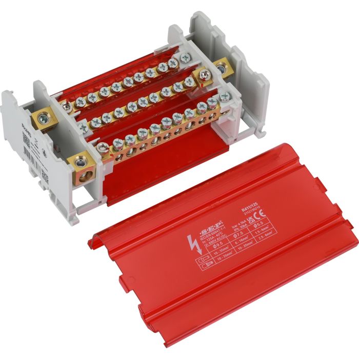 SEP Europe R411/125 verdeelblok 125A 4-polig – externe messing aansluitrail zichtbaar met rode kap verwijderd