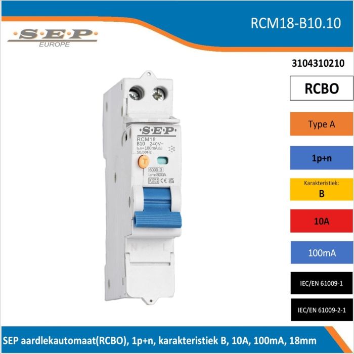SEP RCM18-B10.10 aardlekautomaat RCBO 1P+N, B-karakteristiek, 10A, 100mA, 6kA - artikelnummer 3104310210 - spanningsonafhankelijk - 18mm breed
