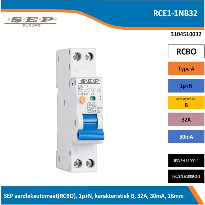 SEP RCE1-1NB32 aardlekautomaat RCBO 1P+N, B-karakteristiek, 32A, 30mA, 6kA - artikelnummer 3104510032 - spanningsafhankelijk - 18mm breed SEP RCE1-1NB32 aardlekautomaat RCBO 1P+N, B-karakteristiek, 32A, 30mA, 6kA - artikelnummer 3104510032 - spanningsafhankelijk - 18mm breed