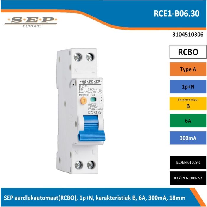 SEP RCE1-B06.30 aardlekautomaat RCBO 1P+N, B-karakteristiek, 6A, 300mA, 6kA - artikelnummer 3104510306 - spanningsafhankelijk - 18mm breed SEP RCE1-B06.30 aardlekautomaat RCBO 1P+N, B-karakteristiek, 6A, 300mA, 6kA - artikelnummer 3104510306 - spanningsafhankelijk - 18mm breed