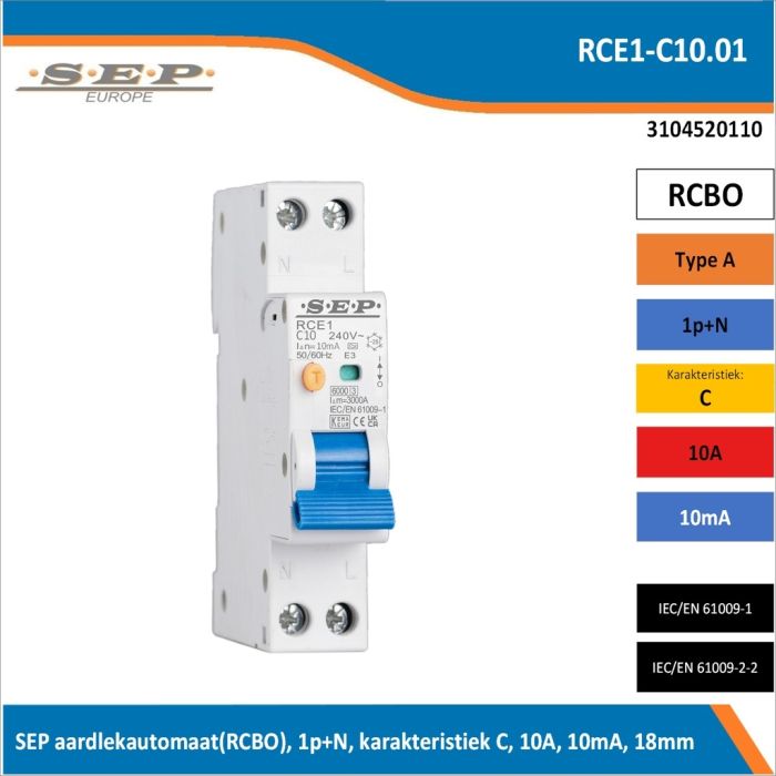 SEP RCE1-C10.01 aardlekautomaat RCBO 1P+N, C-karakteristiek, 10A, 10mA, 6kA - artikelnummer 3104520110 - spanningsafhankelijk - 18mm breed SEP RCE1-C10.01 aardlekautomaat RCBO 1P+N, C-karakteristiek, 10A, 10mA, 6kA - artikelnummer 3104520110 - spanningsafhankelijk - 18mm breed