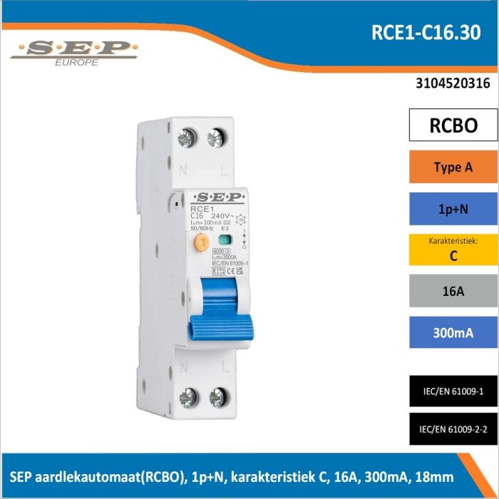 SEP RCE1-C16.30 aardlekautomaat RCBO 1P+N, C-karakteristiek, 16A, 30mA, 6kA - artikelnummer 3104520316 - spanningsafhankelijk - 18mm breed