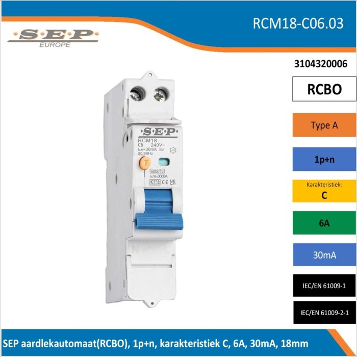 SEP RCM18-C06.03 aardlekautomaat RCBO 1P+N, B-karakteristiek, 6A, 30mA, 6kA - artikelnummer 3104320006 - spanningsonafhankelijk - 18mm breed