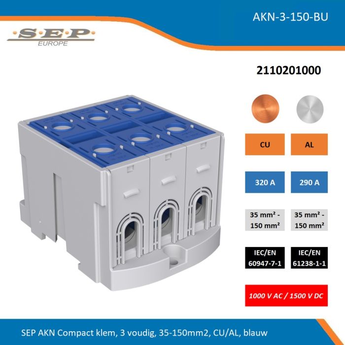 SEP AKN-3-150-BU compacte aansluitklem 3-voudig, geschikt voor koper en aluminium 35-150 mm², blauw – 1000 V AC / 1500 V DC, artikel 2110201000