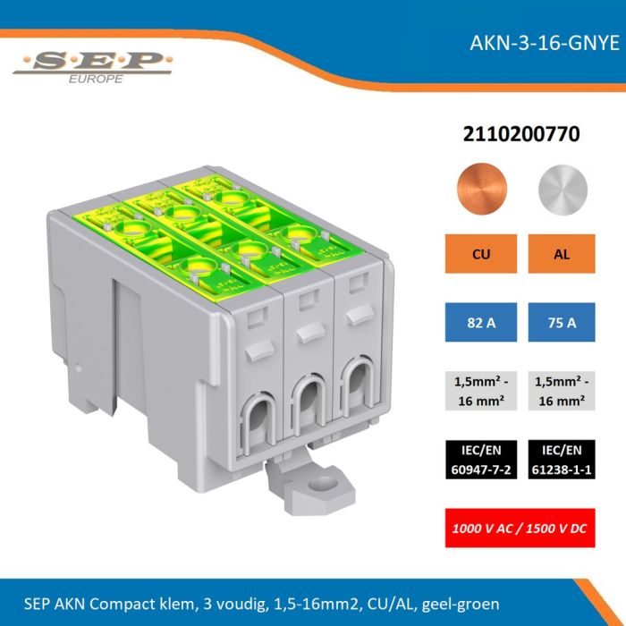 SEP AKN-3-16-GNYE compacte aansluitklem 3-voudig, geschikt voor koper en aluminium 1,5-16 mm², geel-groen – 1000 V AC / 1500 V DC, artikel 2110200770