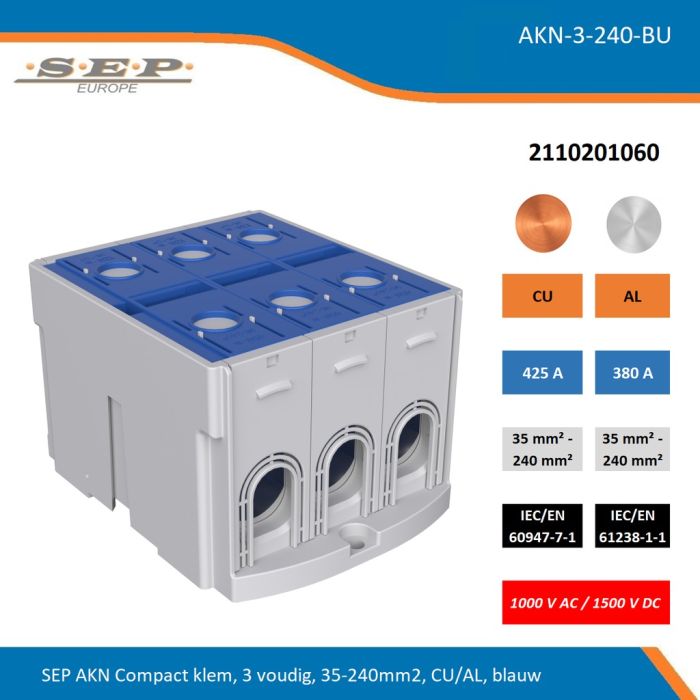 SEP AKN-3-240-BU compacte aansluitklem 3-voudig, geschikt voor koper en aluminium 35-240 mm², blauw – 1000 V AC / 1500 V DC, artikel 2110201060