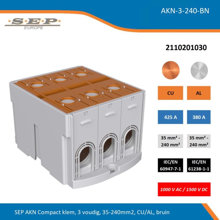 SEP AKN-3-240-BN compacte aansluitklem 3-voudig, geschikt voor koper en aluminium 35-240 mm², bruin – 1000 V AC / 1500 V DC, artikel 2110201030
