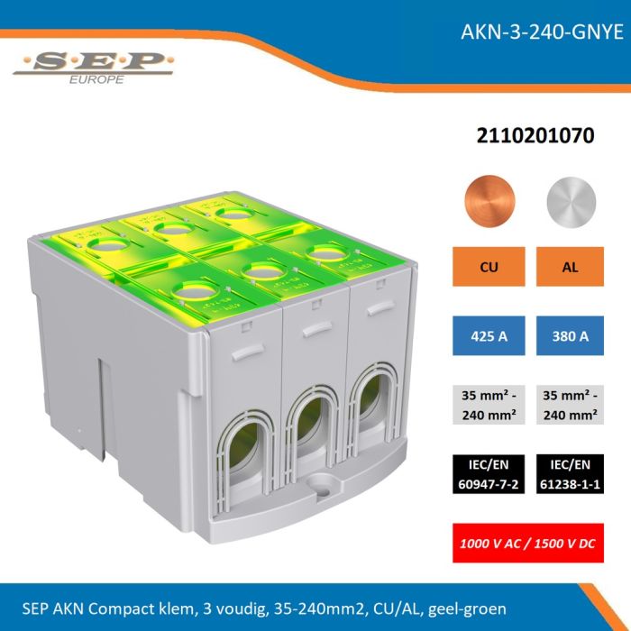 SEP AKN-3-240-GNYE compacte aansluitklem 3-voudig, geschikt voor koper en aluminium 35-240 mm², geel-groen – 1000 V AC / 1500 V DC, artikel 2110201070