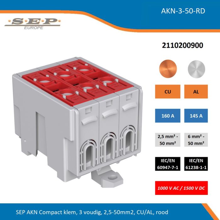 SEP AKN-3-50-RD compacte aansluitklem 3-voudig, geschikt voor koper en aluminium 2,5-50 mm², rood – 1000 V AC / 1500 V DC, artikel 2110200900