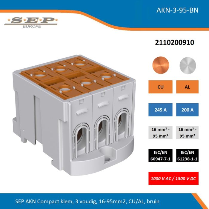 SEP AKN-3-95-BN compacte aansluitklem 3-voudig, geschikt voor koper en aluminium 16-95 mm², bruin – 1000 V AC / 1500 V DC, artikel 2110200910