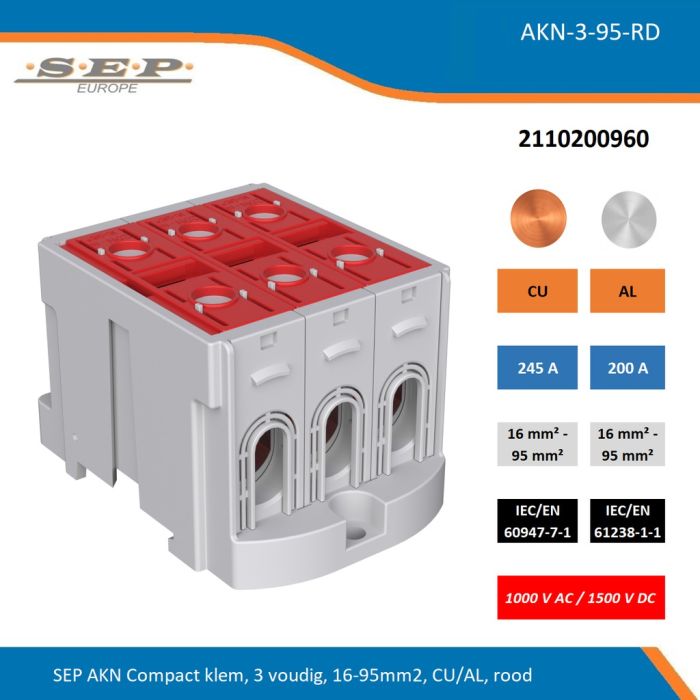 SEP AKN-3-95-RD compacte aansluitklem 3-voudig, geschikt voor koper en aluminium 16-95 mm², rood – 1000 V AC / 1500 V DC, artikel 2110200960