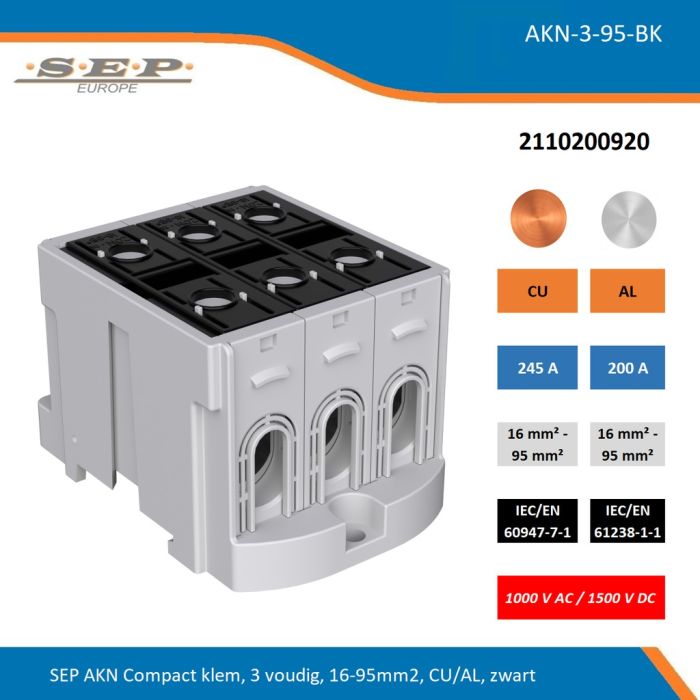 SEP AKN-3-95-BK compacte aansluitklem 3-voudig, geschikt voor koper en aluminium 16-95 mm², zwart – 1000 V AC / 1500 V DC, artikel 2110200920