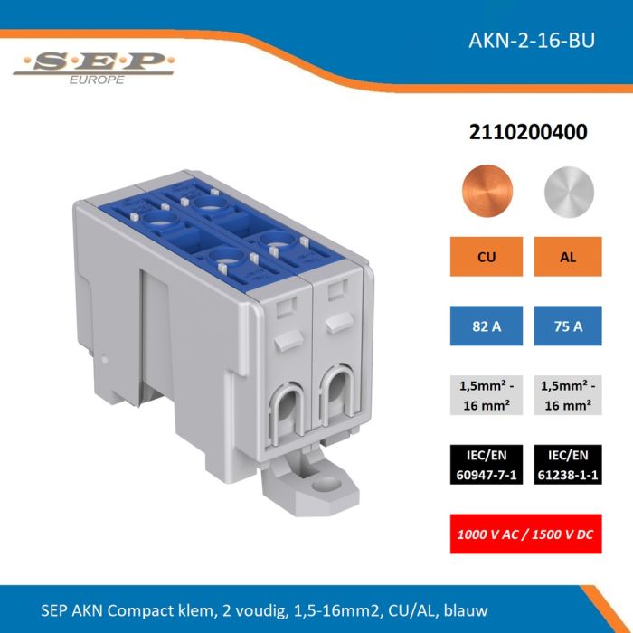 SEP AKN-2-16-BU compacte aansluitklem 2-voudig, geschikt voor koper en aluminium 1,5-16 mm², blauw – 1000 V AC / 1500 V DC, artikel 2110200400