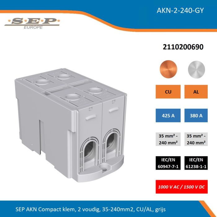 SEP AKN-2-240-GY compacte aansluitklem 2-voudig, geschikt voor koper en aluminium 35-240 mm², grijs – 1000 V AC / 1500 V DC, artikel 2110200690