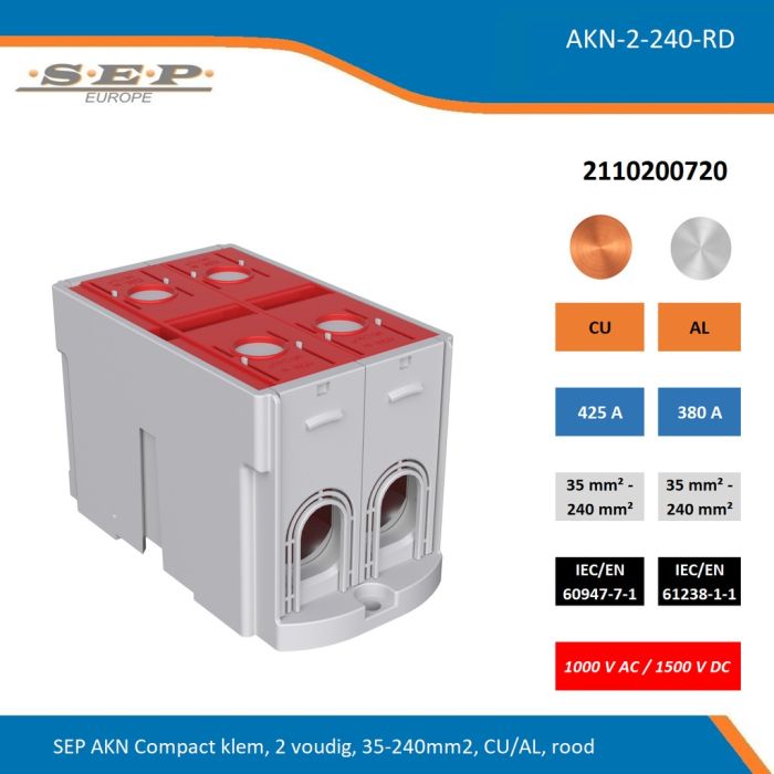 SEP AKN-2-240-RD compacte aansluitklem 2-voudig, geschikt voor koper en aluminium 35-240 mm², rood – 1000 V AC / 1500 V DC, artikel 2110200720