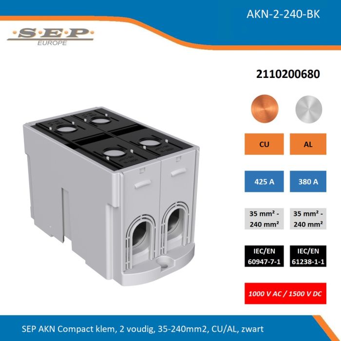 SEP AKN-2-240-BK compacte aansluitklem 2-voudig, geschikt voor koper en aluminium 35-240 mm², zwart – 1000 V AC / 1500 V DC, artikel 2110200680