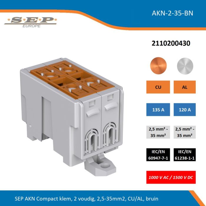 SEP AKN-2-35-BN compacte aansluitklem 2-voudig, geschikt voor koper en aluminium 2,5-35 mm², bruin – 1000 V AC / 1500 V DC, artikel 2110200430