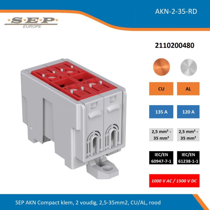 SEP AKN-2-35-RD compacte aansluitklem 2-voudig, geschikt voor koper en aluminium 2,5-35 mm², rood – 1000 V AC / 1500 V DC, artikel 2110200480