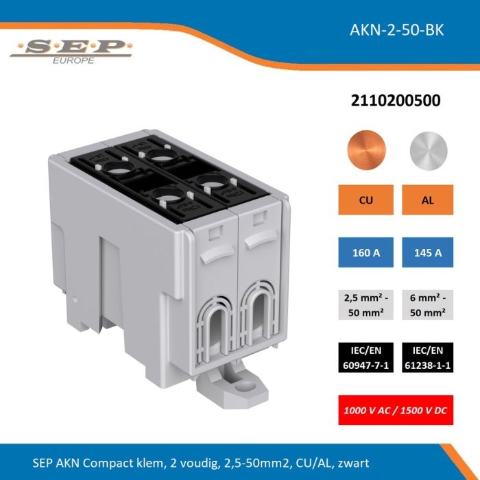 SEP AKN-2-50-BK compacte aansluitklem 2-voudig, geschikt voor koper en aluminium 2,5-50 mm², zwart – 1000 V AC / 1500 V DC, artikel 2110200500