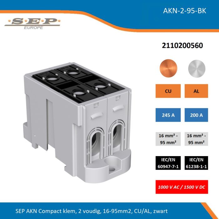 SEP AKN-2-95-BK compacte aansluitklem 2-voudig, geschikt voor koper en aluminium 16-95 mm², zwart – 1000 V AC / 1500 V DC, artikel 2110200560