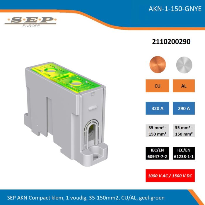 SEP AKN-1-150-GNYE compacte aansluitklem 1-voudig, geschikt voor koper en aluminium 35-150 mm², geel-groen – 1000 V AC / 1500 V DC, artikel 2110200290