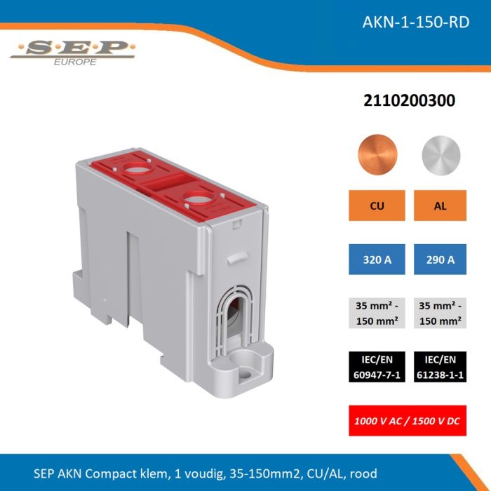 SEP AKN-1-150-RD compacte aansluitklem 1-voudig, geschikt voor koper en aluminium 35-150 mm², rood – 1000 V AC / 1500 V DC, artikel 2110200300