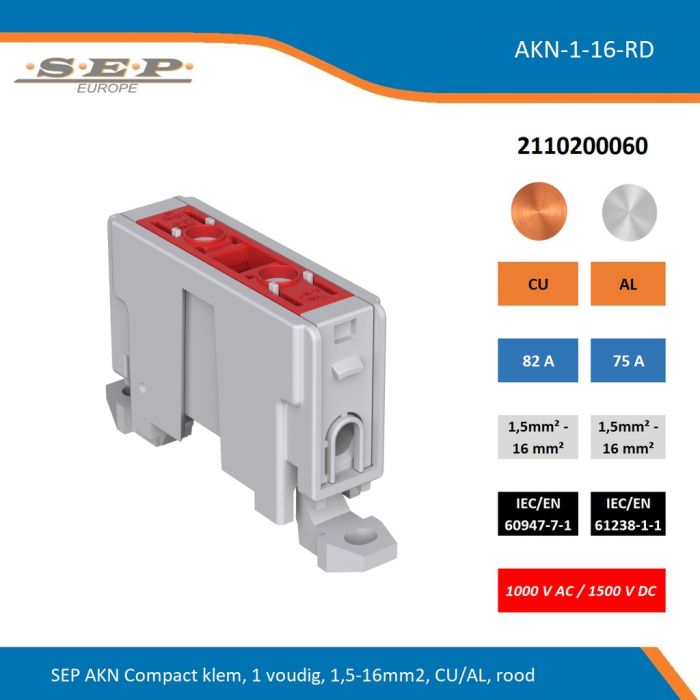 SEP AKN-1-16-RD compacte aansluitklem 1-voudig, geschikt voor koper en aluminium 1,5-16 mm², rood – 1000 V AC / 1500 V DC, artikel 2110200060