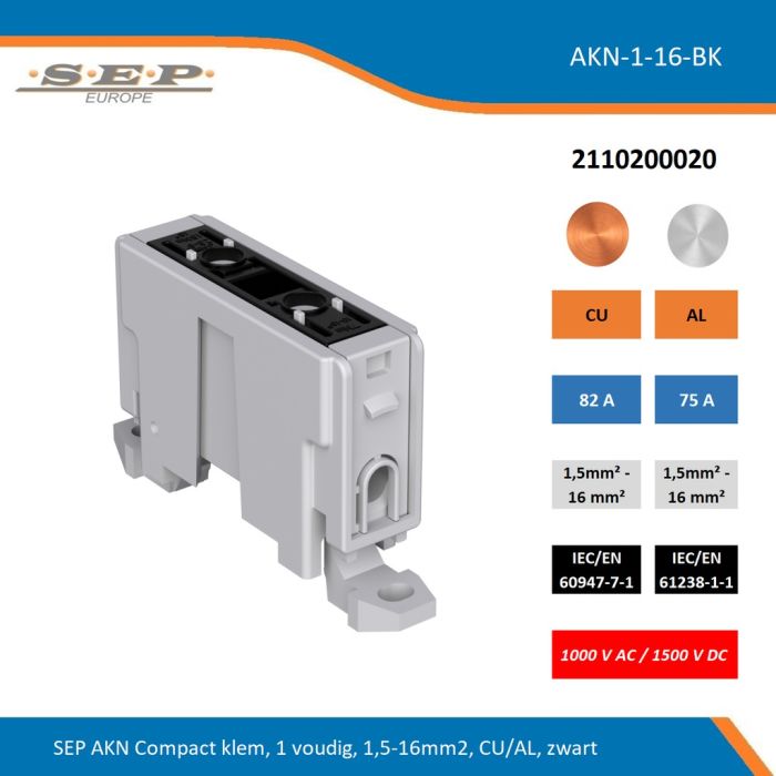 SEP AKN-1-16-BK compacte aansluitklem 1-voudig, geschikt voor koper en aluminium 1,5-16 mm², zwart – 1000 V AC / 1500 V DC, artikel 2110200020