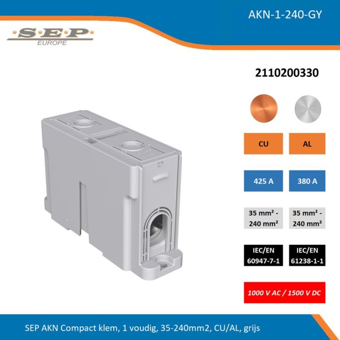 SEP AKN-1-240-GY compacte aansluitklem 1-voudig, geschikt voor koper en aluminium 35-240 mm², grijs – 1000 V AC / 1500 V DC, artikel 2110200330