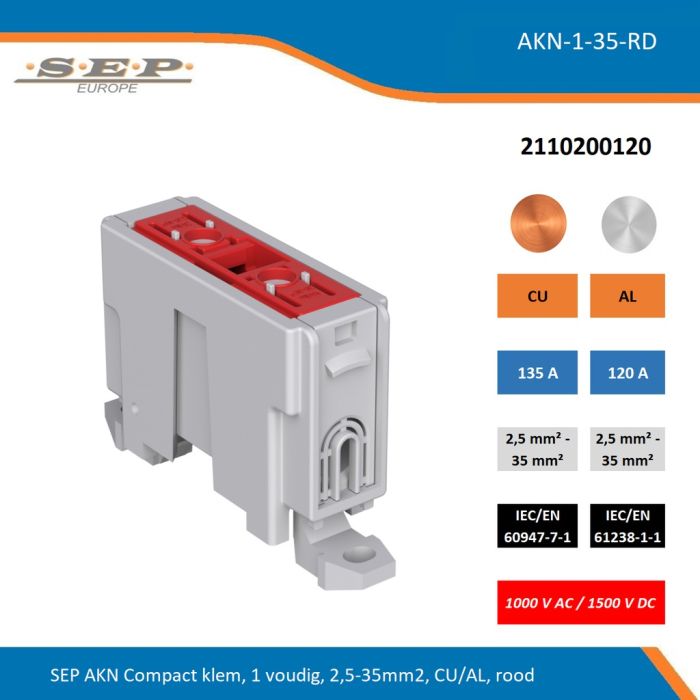 SEP AKN-1-35-RD compacte aansluitklem 1-voudig, geschikt voor koper en aluminium 2,5-35 mm², rood – 1000 V AC / 1500 V DC, artikel 2110200120