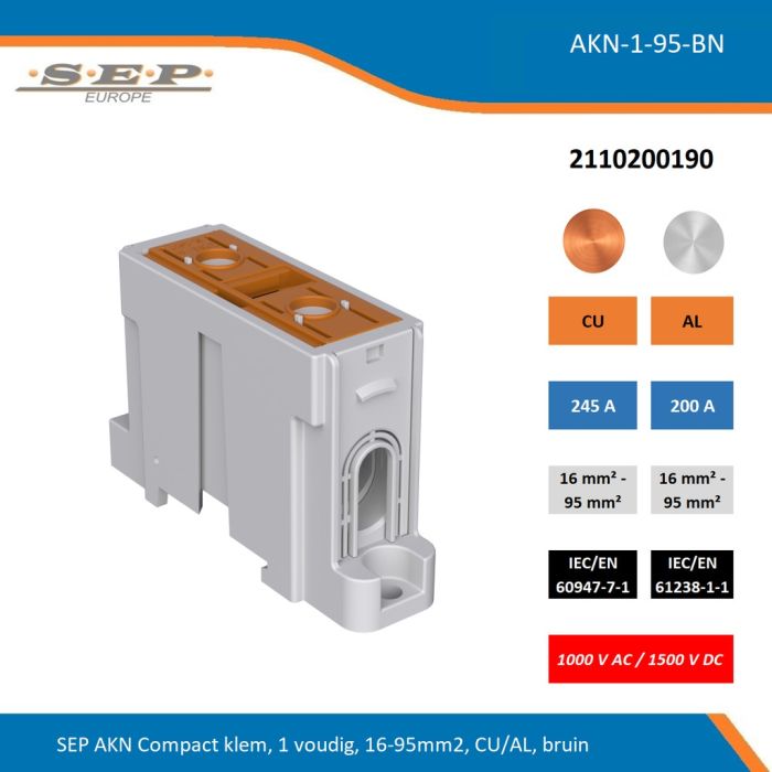 SEP AKN-1-95-BN compacte aansluitklem 1-voudig, geschikt voor koper en aluminium 16-95 mm², bruin – 1000 V AC / 1500 V DC, artikel 2110200190
