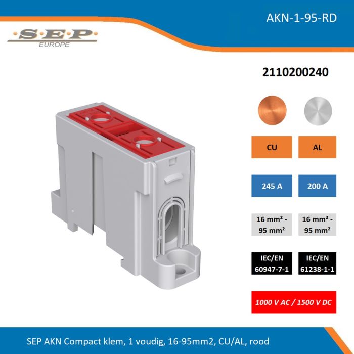 SEP AKN-1-95-RD compacte aansluitklem 1-voudig, geschikt voor koper en aluminium 16-95 mm², rood – 1000 V AC / 1500 V DC, artikel 2110200240