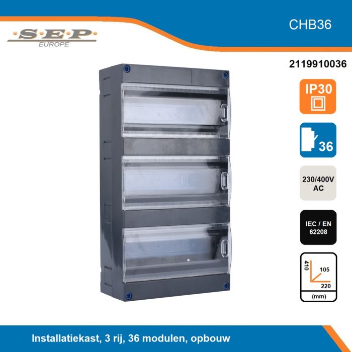 SEP CHB36 groepenkast – Lege kast met montagerail – 3 rijen 36 modulen