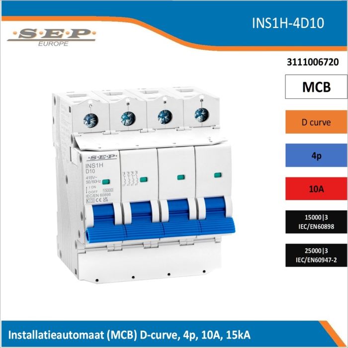 SEP Europe INS1H-4D10 installatieautomaat, MCB D-curve, 4p, 10A, kortsluitvastheid 15kA/25kA