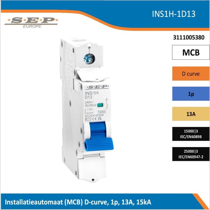 SEP Europe INS1H-1D13 installatieautomaat, MCB D-curve, 1p, 13A, kortsluitvastheid 15kA/25kA SEP Europe INS1H-1D13 installatieautomaat, MCB D-curve, 1p, 13A, kortsluitvastheid 15kA/25kA