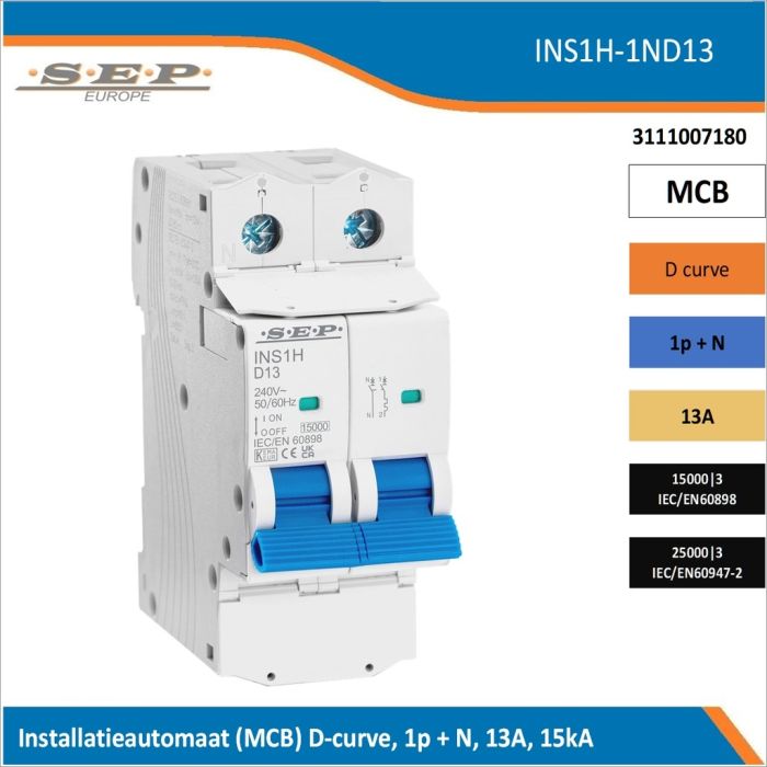 SEP Europe INS1H-1ND13 installatieautomaat, MCB D-curve, 1p+N, 13A, kortsluitvastheid 15kA/25kA SEP Europe INS1H-1ND13 installatieautomaat, MCB D-curve, 1p+N, 13A, kortsluitvastheid 15kA/25kA