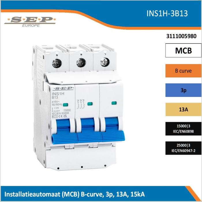 SEP Europe INS1H-3B13 installatieautomaat, MCB B-curve, 3p, 13A, kortsluitvastheid 15kA/25kA