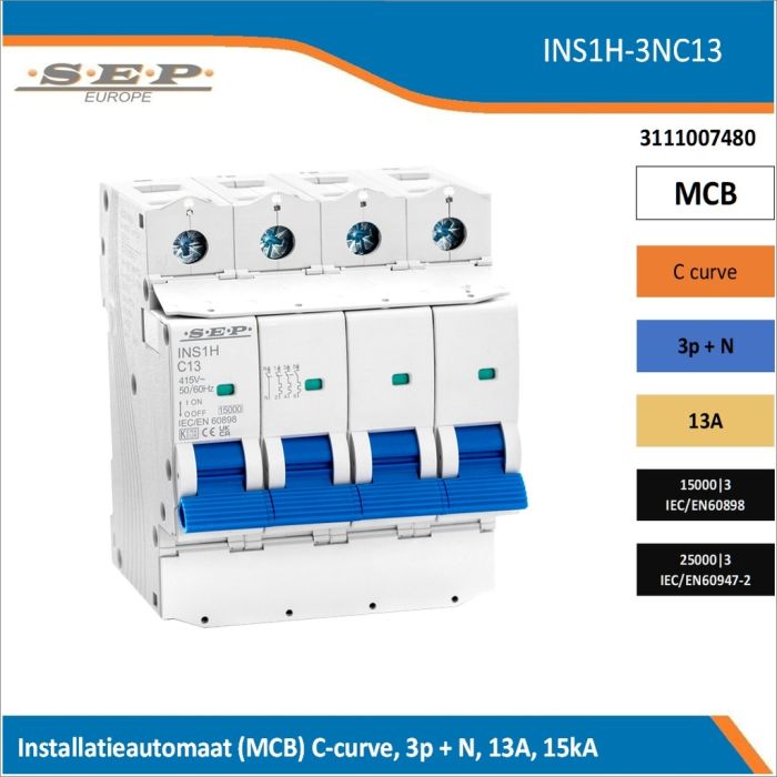SEP Europe INS1H-3NC13 installatieautomaat, MCB C-curve, 3p+N, 13A, kortsluitvastheid 15kA/25kA
