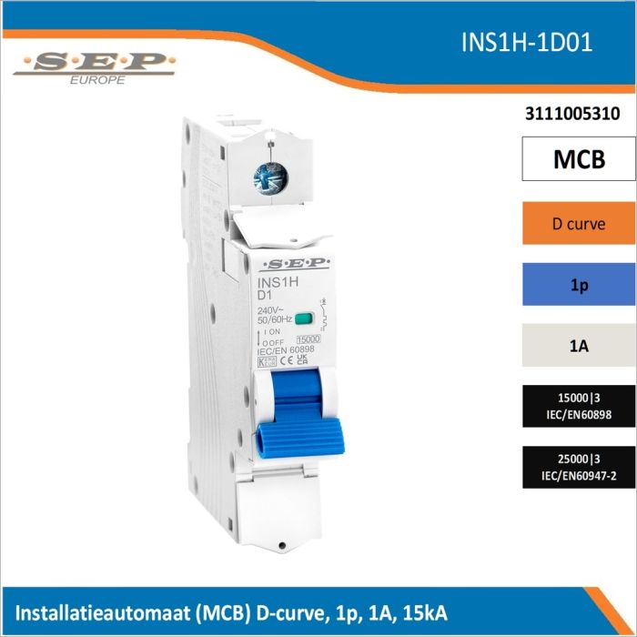 SEP Europe INS1H-1D01 installatieautomaat, MCB D-curve, 1p, 1A, kortsluitvastheid 15kA/25kA