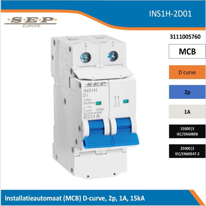SEP Europe INS1H-2D01 installatieautomaat, MCB D-curve, 2p, 1A, kortsluitvastheid 15kA/25kA SEP Europe INS1H-2D01 installatieautomaat, MCB D-curve, 2p, 1A, kortsluitvastheid 15kA/25kA