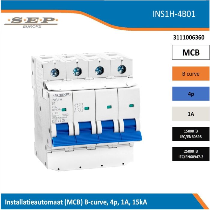SEP Europe INS1H-4B01 installatieautomaat, MCB B-curve, 4p, 1A, kortsluitvastheid 15kA/25kA