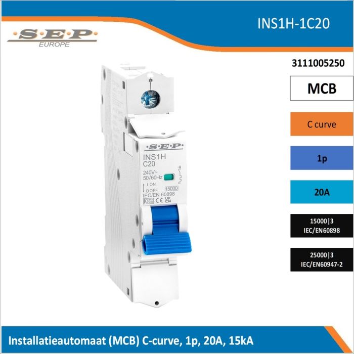 SEP Europe INS1H-1C20 installatieautomaat, MCB C-curve, 1p, 20A, kortsluitvastheid 15kA/25kA SEP Europe INS1H-1C20 installatieautomaat, MCB C-curve, 1p, 20A, kortsluitvastheid 15kA/25kA