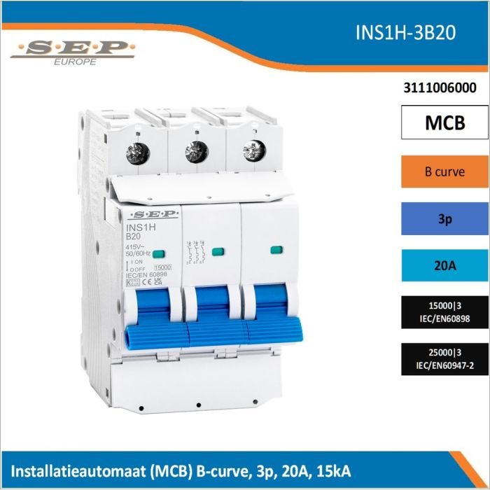 SEP Europe INS1H-3B20 installatieautomaat, MCB B-curve, 3p, 20A, kortsluitvastheid 15kA/25kA