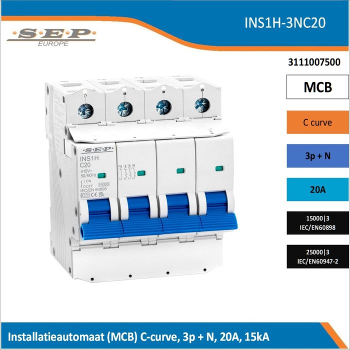 SEP Europe INS1H-3NC20 installatieautomaat, MCB C-curve, 3p+N, 20A, kortsluitvastheid 15kA/25kA