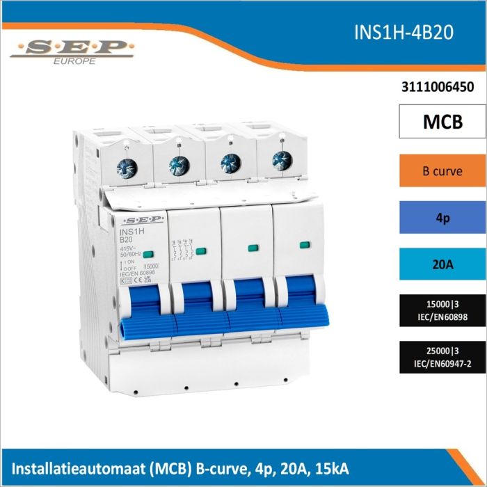 SEP Europe INS1H-4B20 installatieautomaat, MCB B-curve, 4p, 20A, kortsluitvastheid 15kA/25kA SEP Europe INS1H-4B20 installatieautomaat, MCB B-curve, 4p, 20A, kortsluitvastheid 15kA/25kA