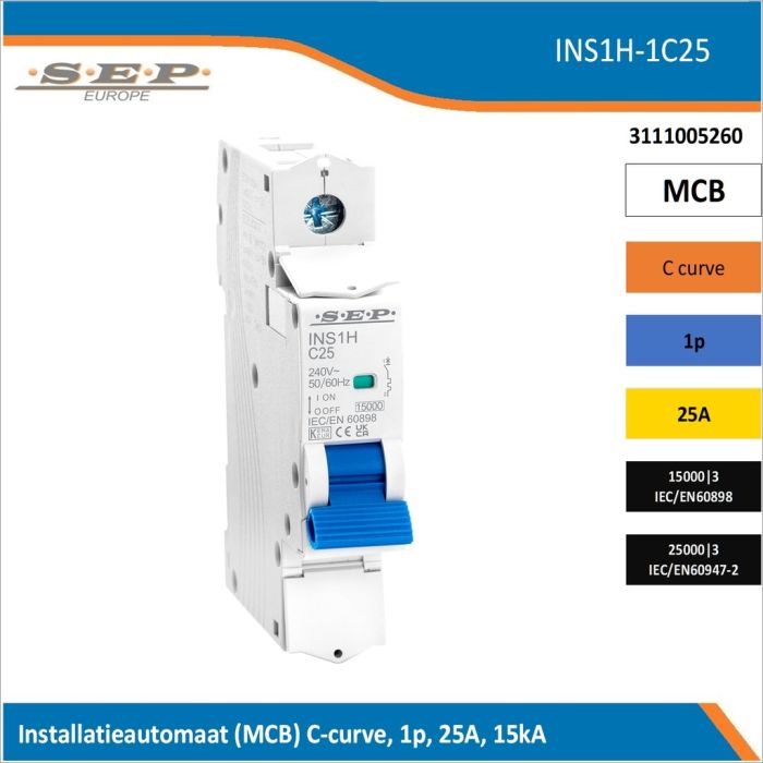 SEP Europe INS1H-1C25 installatieautomaat, MCB C-curve, 1p, 25A, kortsluitvastheid 15kA/25kA SEP Europe INS1H-1C25 installatieautomaat, MCB C-curve, 1p, 25A, kortsluitvastheid 15kA/25kA