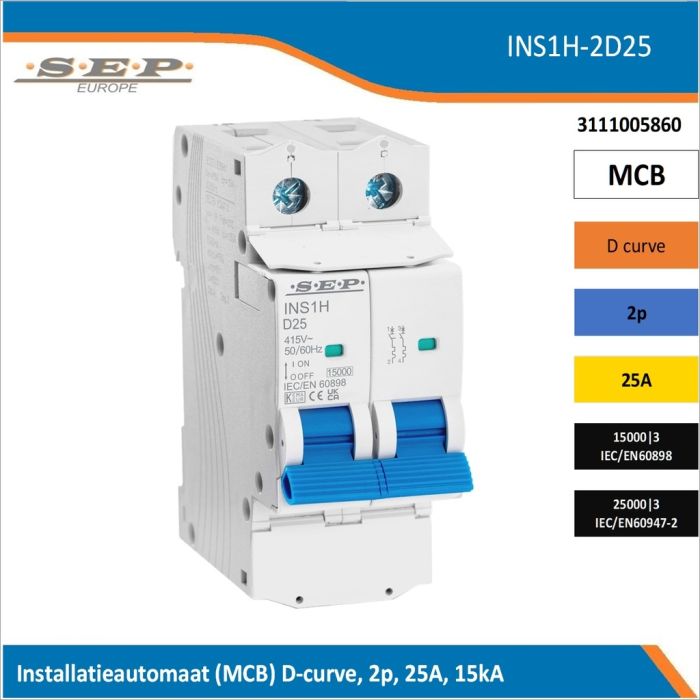 SEP Europe INS1H-2D25 installatieautomaat, MCB D-curve, 2p, 25A, kortsluitvastheid 15kA/25kA SEP Europe INS1H-2D25 installatieautomaat, MCB D-curve, 2p, 25A, kortsluitvastheid 15kA/25kA